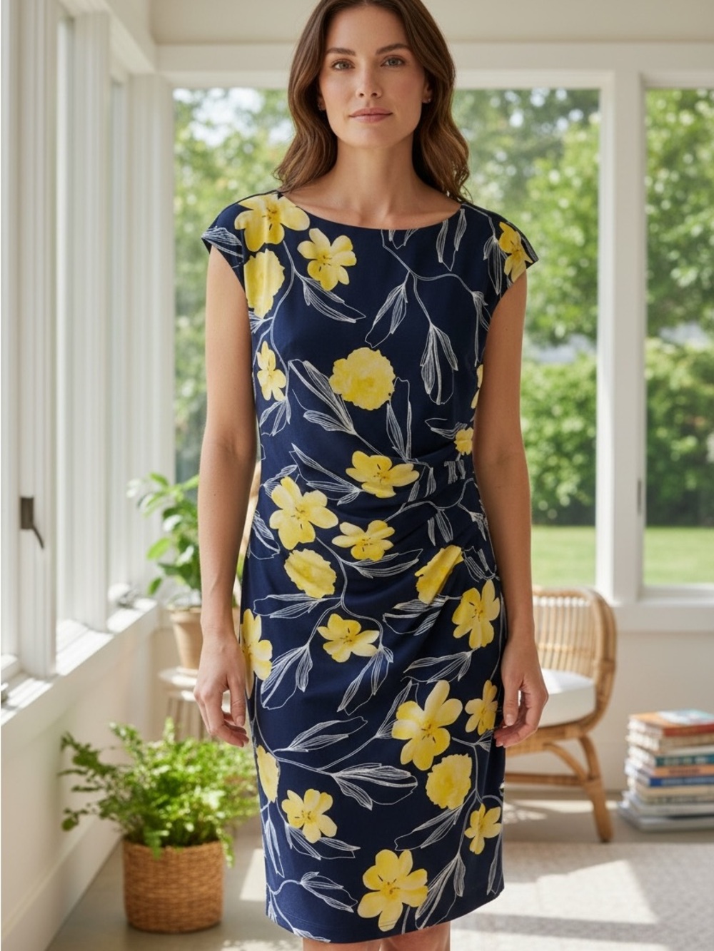 Kasper Navy Floral Midi Dress with Yellow Blooms